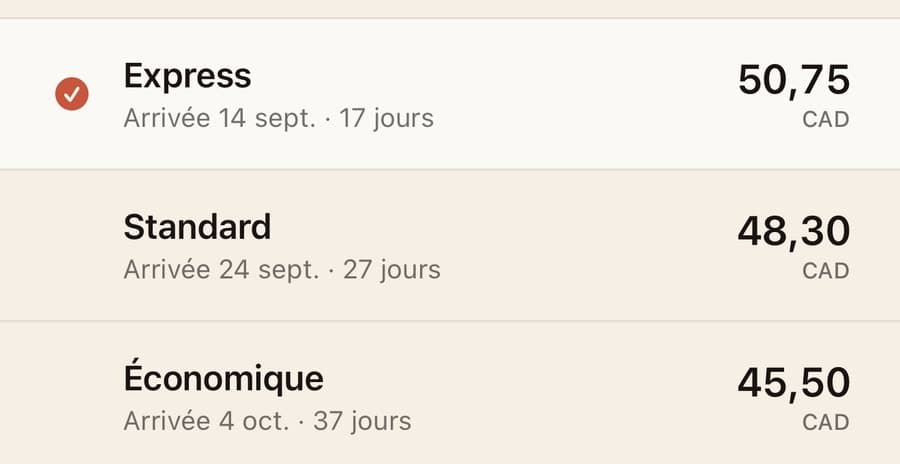 Trois services dans l'app Expedys : Express 50,75, Standard 48,30 et Économique 45,50 CAD, avec leur date d'arrivée.