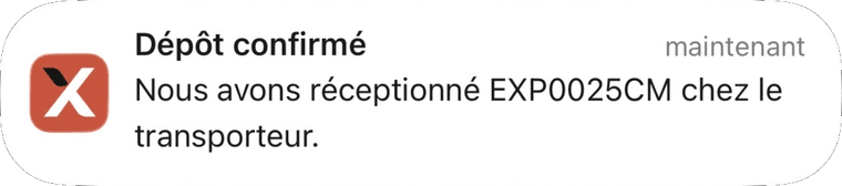 Notification Expedys : « Dépôt confirmé - nous avons réceptionné votre colis chez le transporteur. »