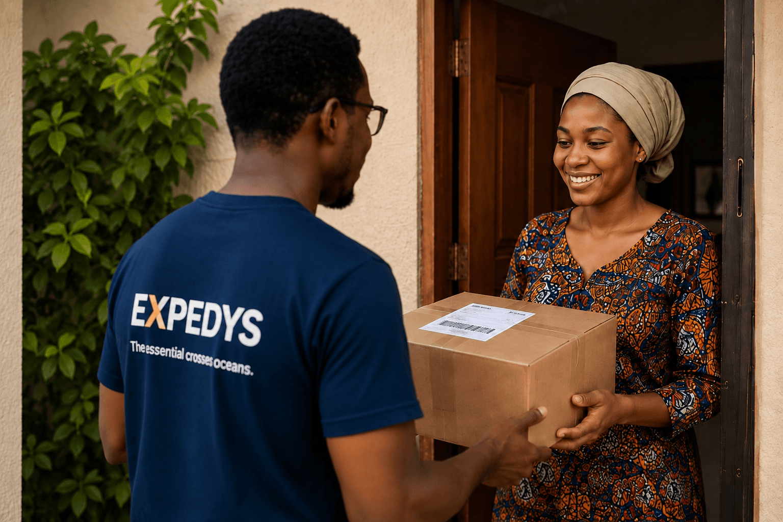 Un livreur Expedys remet un colis à une cliente souriante