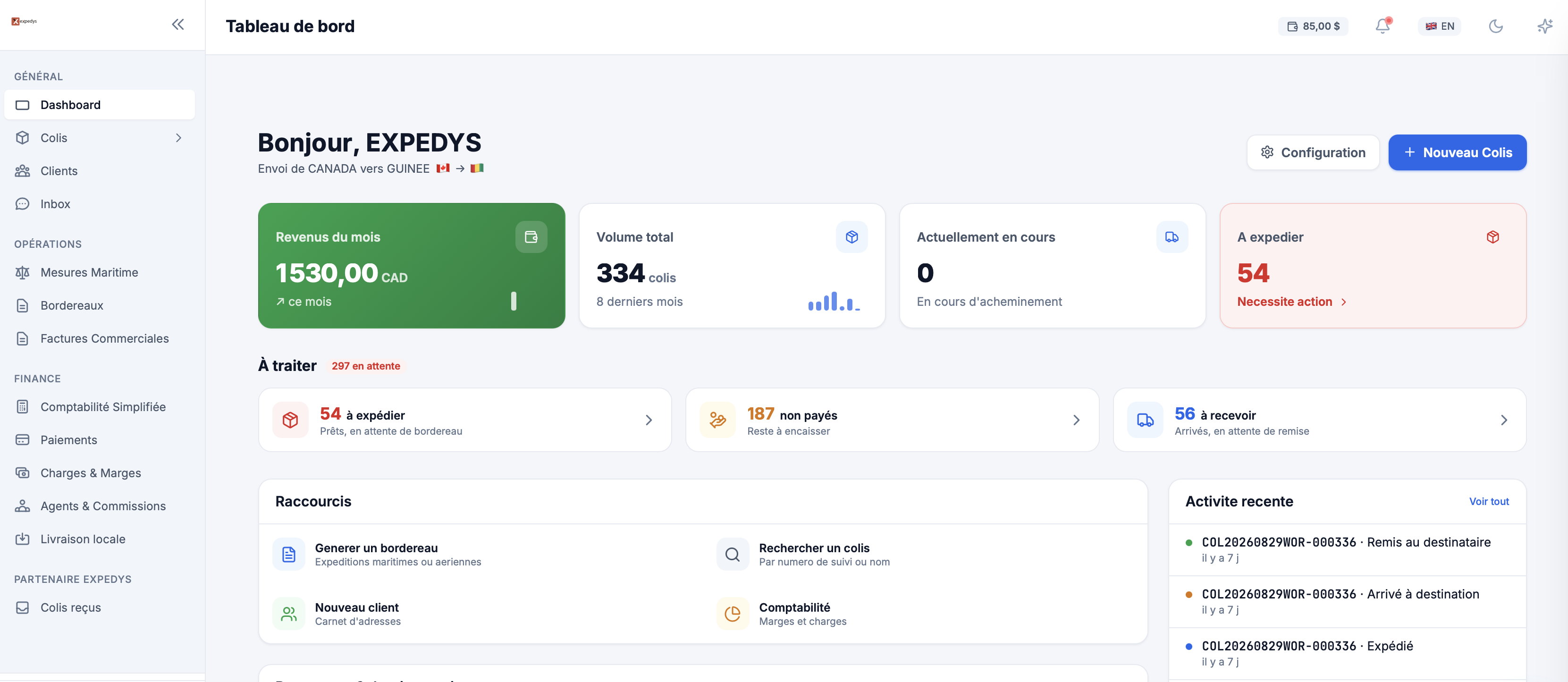 Le tableau de bord de la console Expedys : revenus du mois, volume, colis à expédier, activité récente.