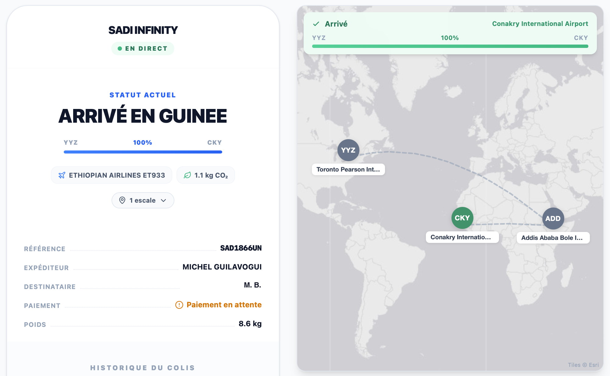 La page de suivi publique d'une agence, à sa marque : statut du colis, vol, escale et carte du trajet, référence, expéditeur, destinataire, poids.